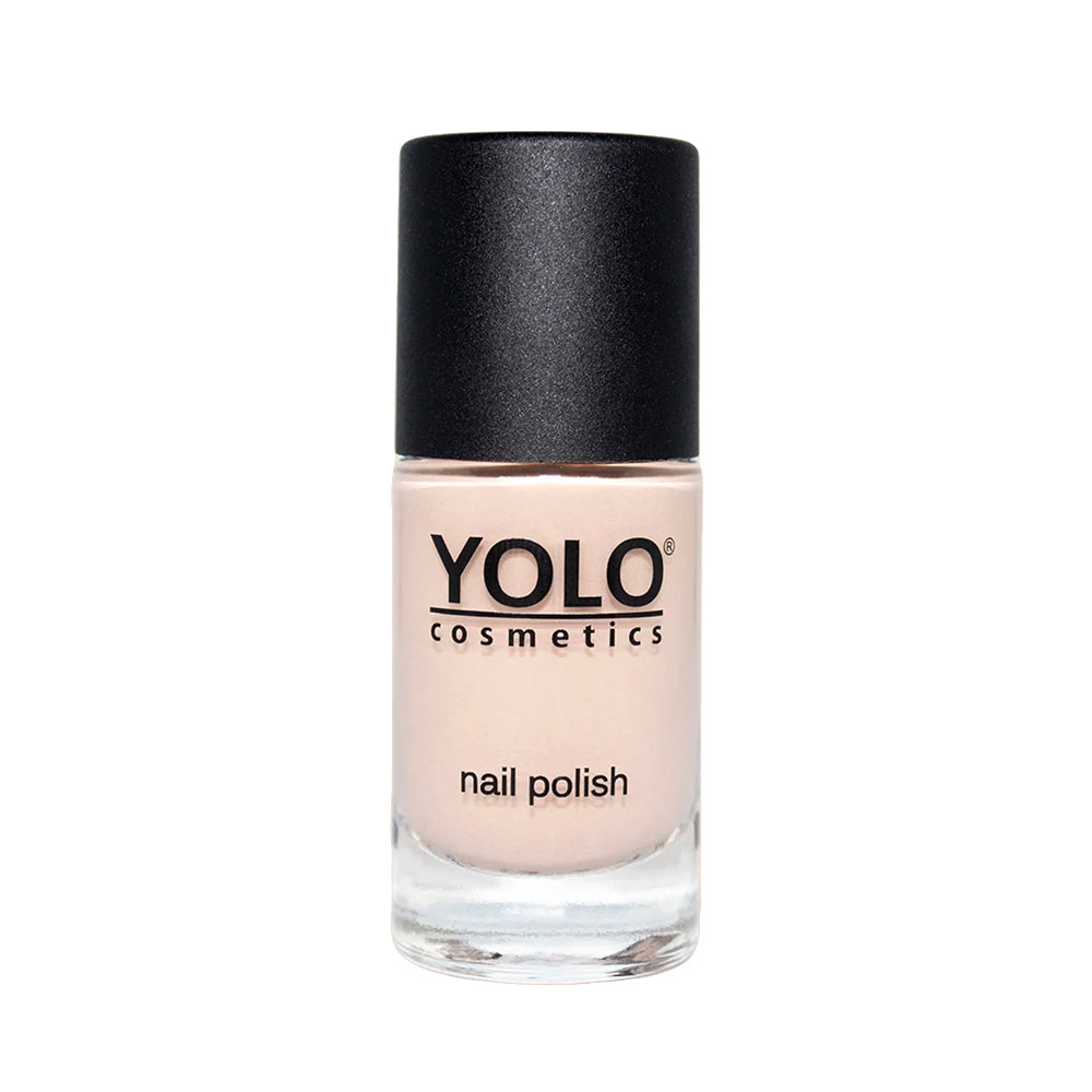 Refect Beauty Yolo nude nail polish in a clear glass bottle with a black cap for a smooth glossy finish
