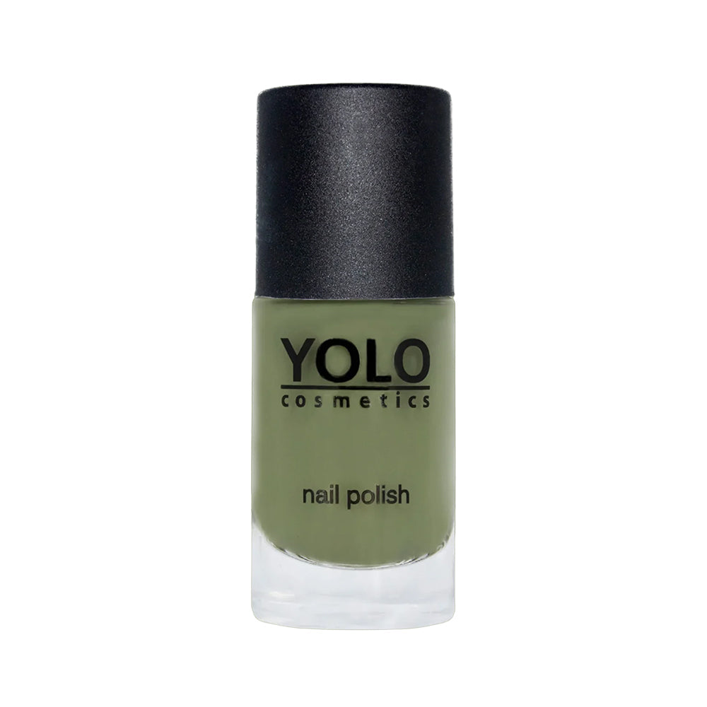 Refect Beauty Yolo Nail Polish in a creamy olive green shade with a smooth, glossy finish in a glass bottle.