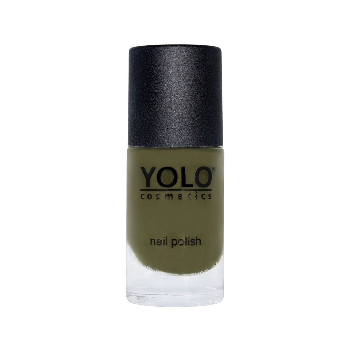 Refect Beauty Yolo Nail Polish in a deep olive green shade with a smooth creamy finish in a glass bottle. 208