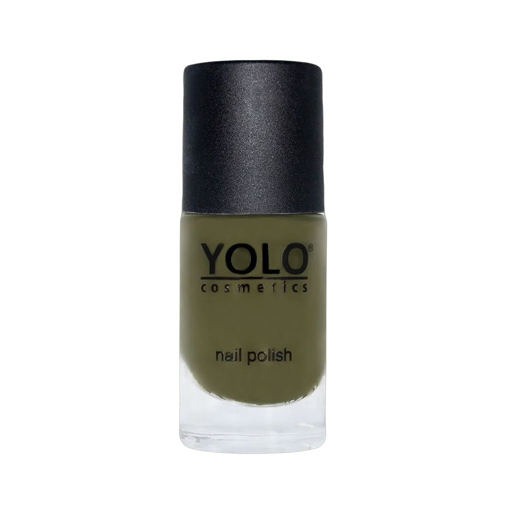 Refect Beauty Yolo Nail Polish Creamy in a deep olive green shade with a smooth, glossy finish in a glass bottle.