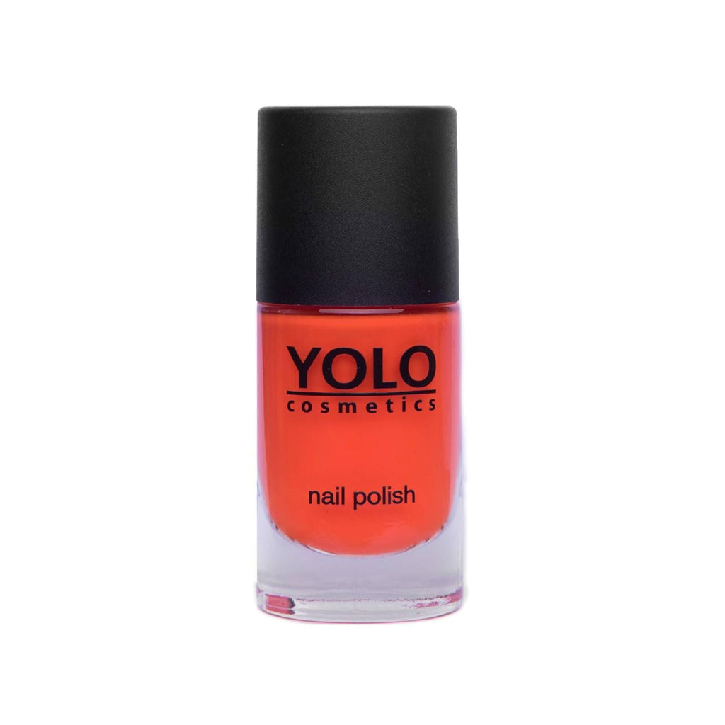 Refect Beauty Yolo nail polish bottle in vibrant orange with a matte black cap and high-gloss finish