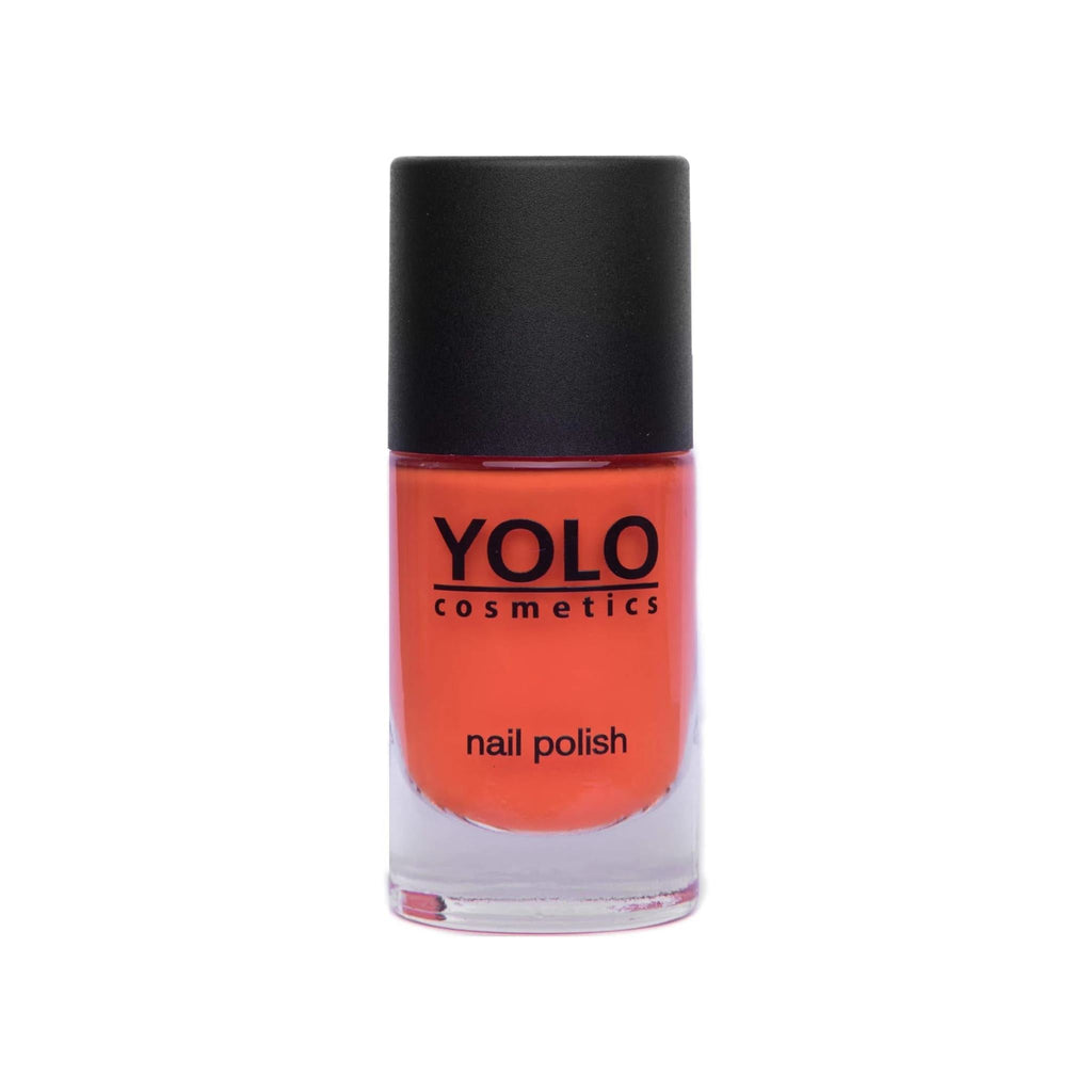Refect Beauty YOLO nail polish in a vibrant orange shade with a high-gloss finish in a clear glass bottle.