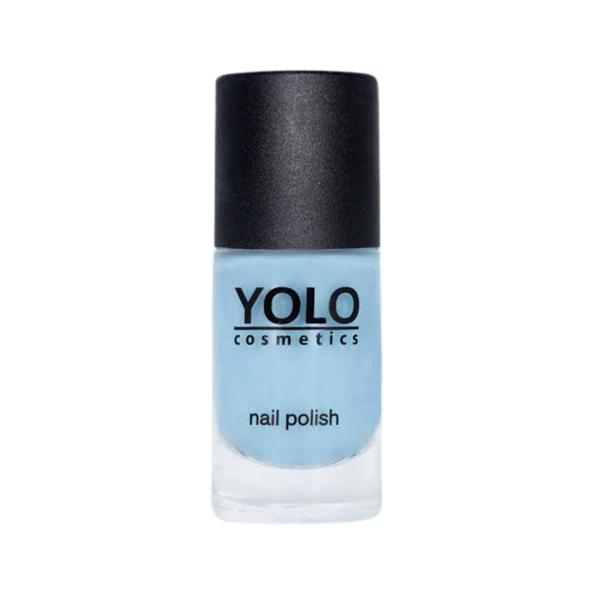 Refect Beauty Yolo pastel light blue nail polish in a clear glass bottle with a black cap.