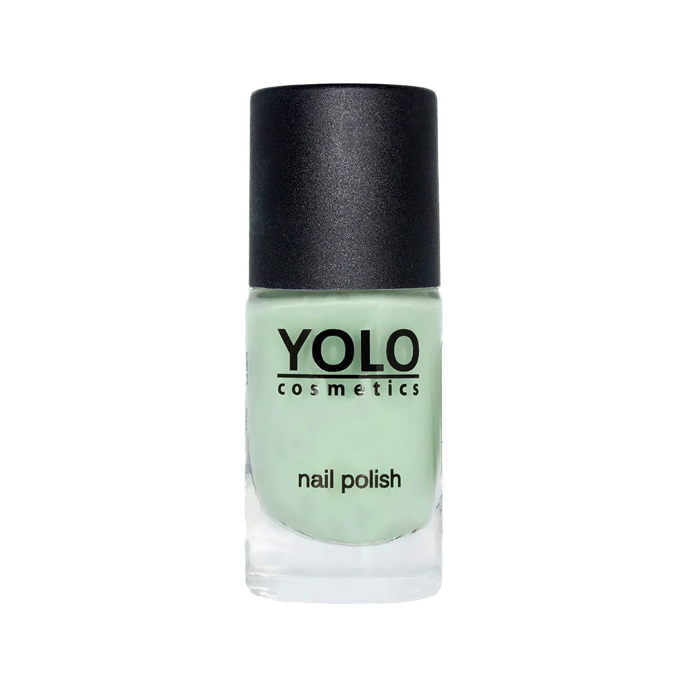 Refect Beauty Yolo pastel mint green nail polish in a glass bottle with a black cap and glossy finish.