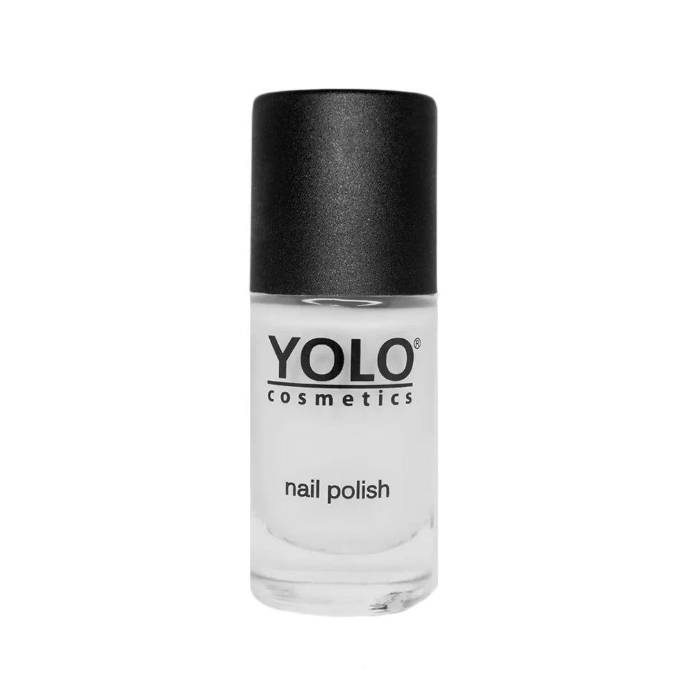 Refect Beauty Yolo pastel white nail polish in a clear glass bottle with a black cap for a glossy manicure finish