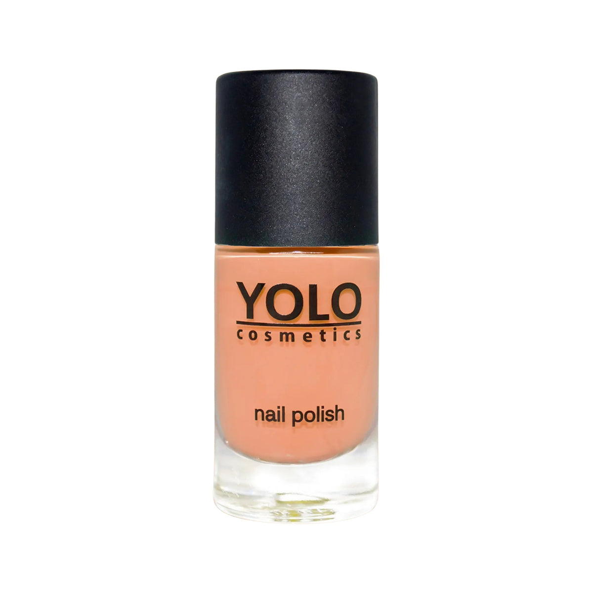 Refect Beauty Yolo Nail Polish in a soft peach creamy shade with a black cap in a clear glass bottle. 158