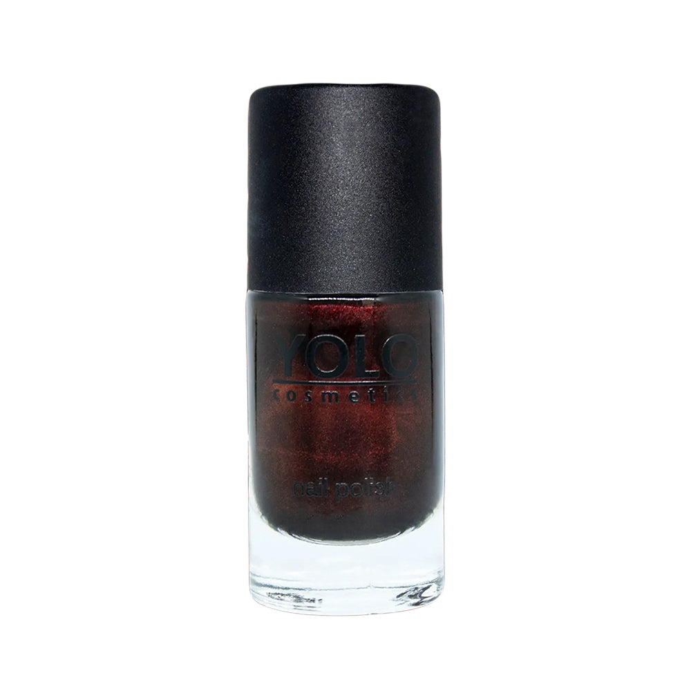 Refect Beauty Yolo pearl nail polish in a deep shimmering dark red shade with a black cap in a glass bottle