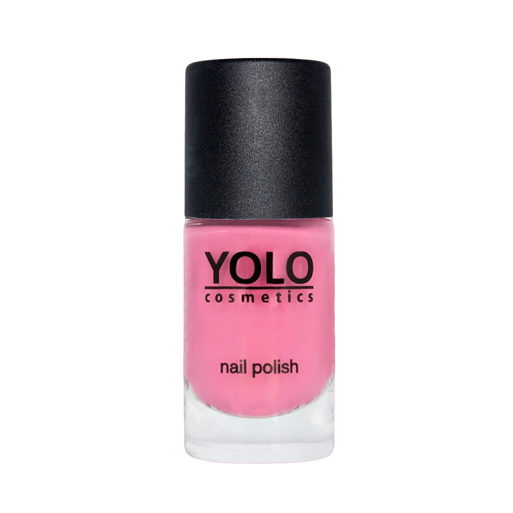 Refect Beauty Yolo Nail Polish in a creamy pink shade with a smooth, glossy finish in a glass bottle.