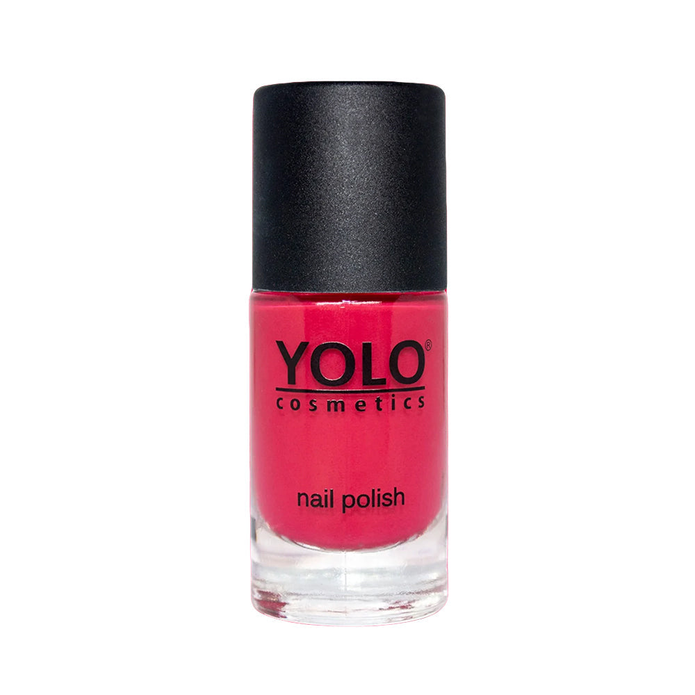 Refect Beauty Yolo creamy nail polish in a vibrant pink shade with a smooth glossy finish in a glass bottle.
