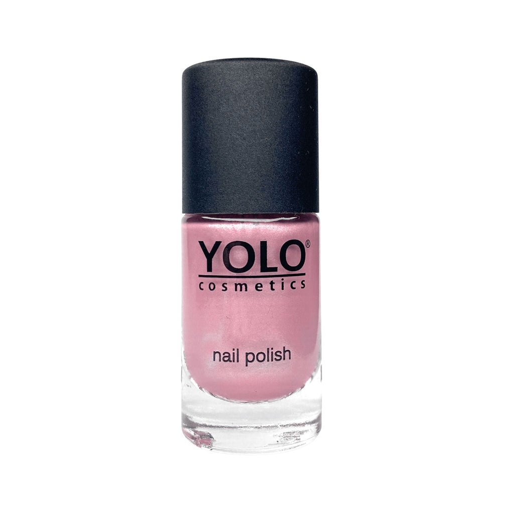 Refect Beauty Yolo Limited Edition nail polish in a soft shimmering pink with a glossy finish in a glass bottle