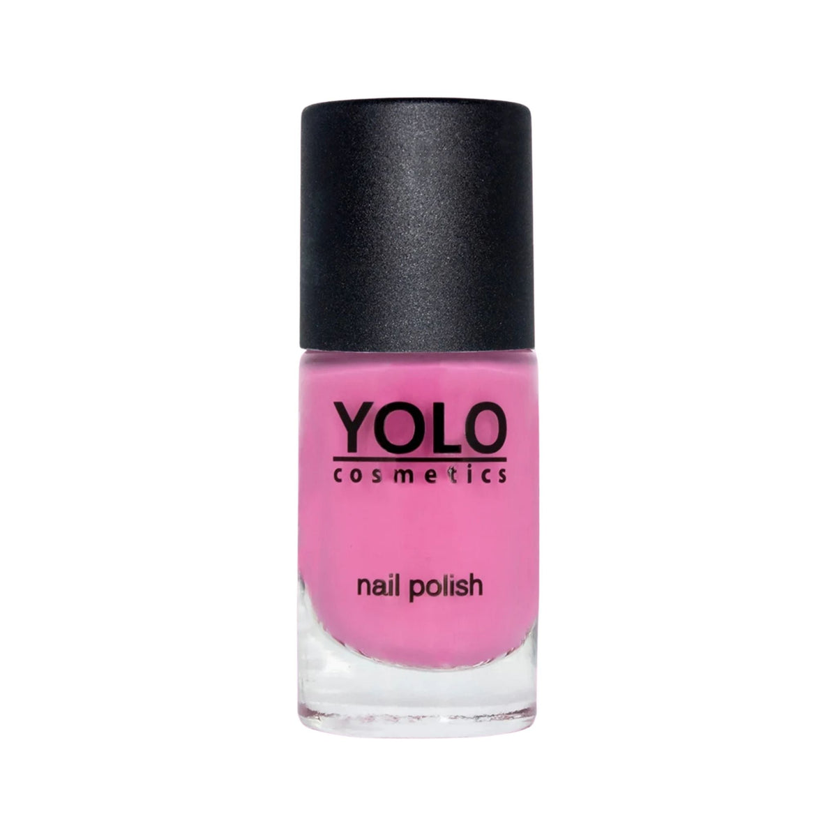 Refect Beauty Yolo Nail Polish in a vibrant creamy pink shade with a black cap in a glass bottle.