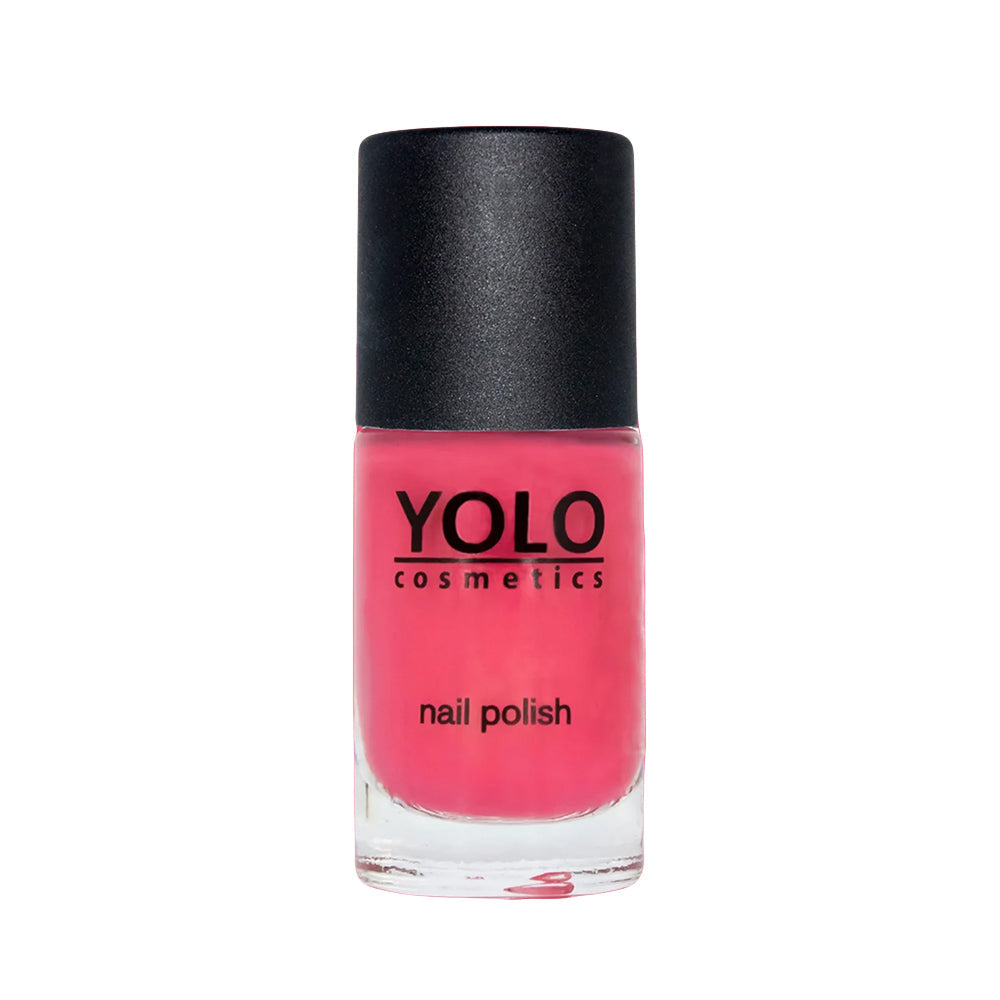 Refect Beauty Yolo Nail Polish Creamy in a vibrant pink shade with a smooth, glossy finish in a glass bottle.