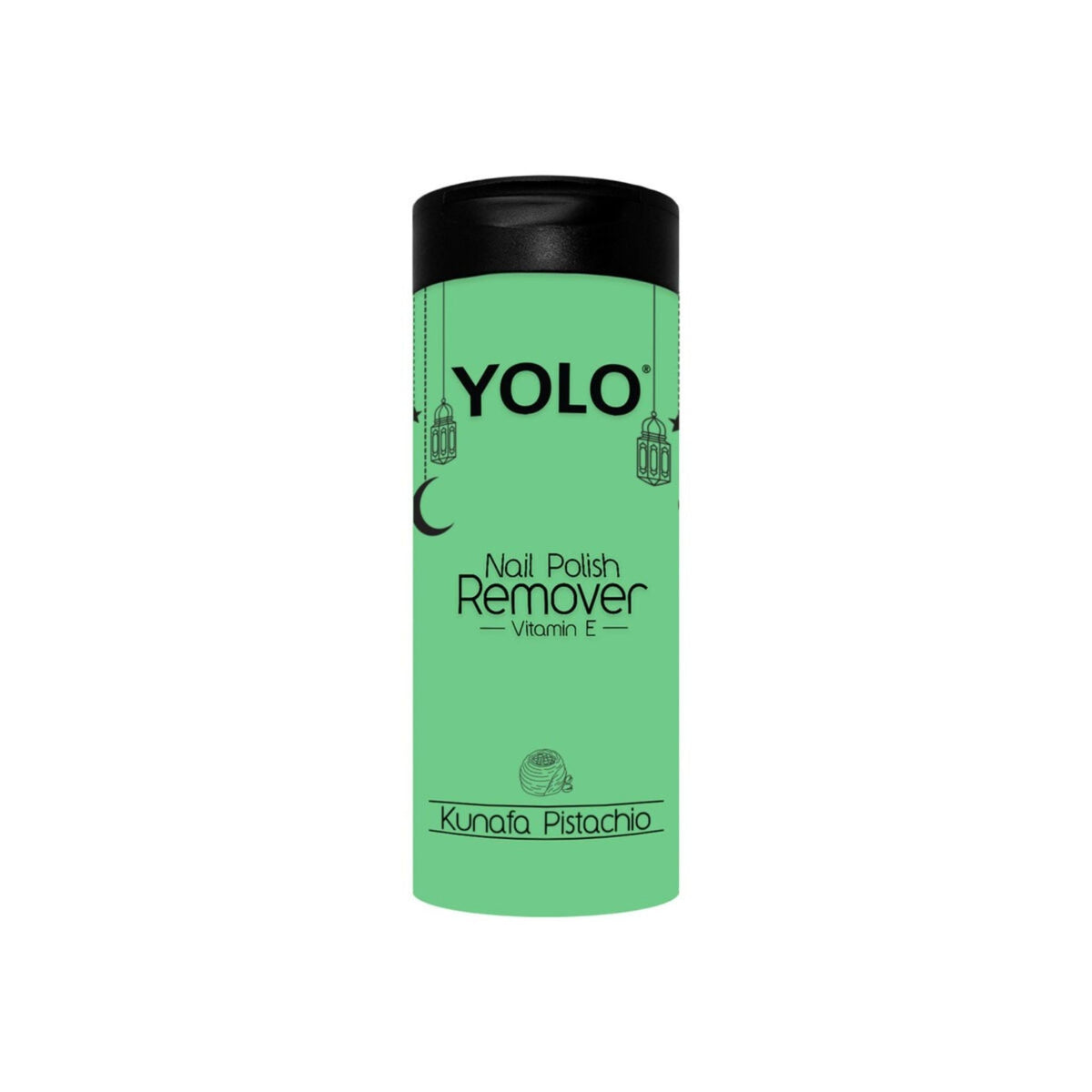 Refect Beauty Yolo Kunafa Pistachio nail polish remover in a light green bottle with black cap and lantern graphics.