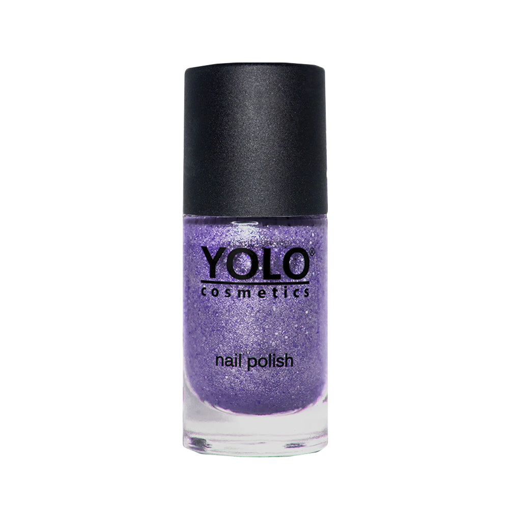 Refect Beauty Yolo purple glitter nail polish in a glass bottle with a black cap for a sparkling manicure finish.