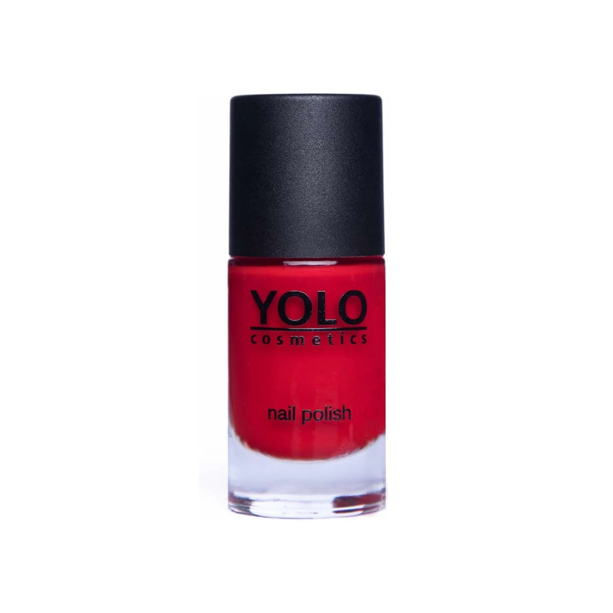 Refect Beauty YOLO nail polish in a vibrant red shade with a high-gloss finish in a clear glass bottle.