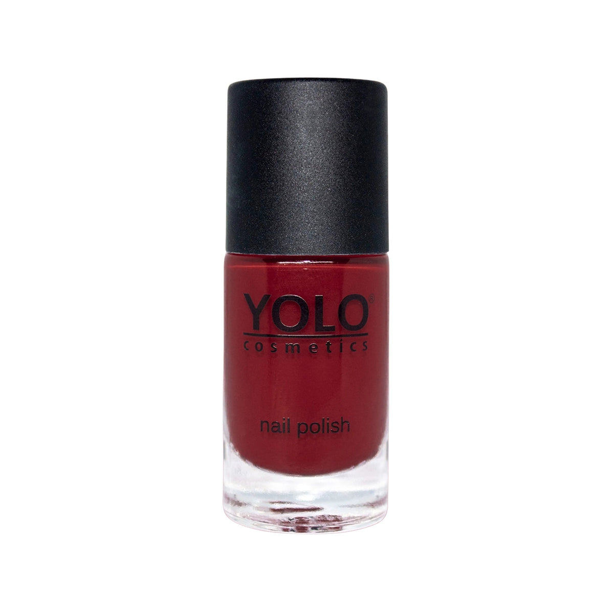 Refect Beauty Yolo Nail Polish in a deep red creamy shade with a sleek black cap in a glass bottle 164