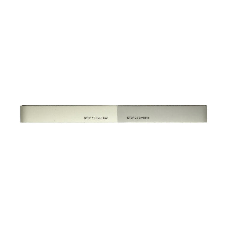 Refect Beauty Yolo six-sided nail buffer showing step one to even out and step two to smooth nail surfaces.