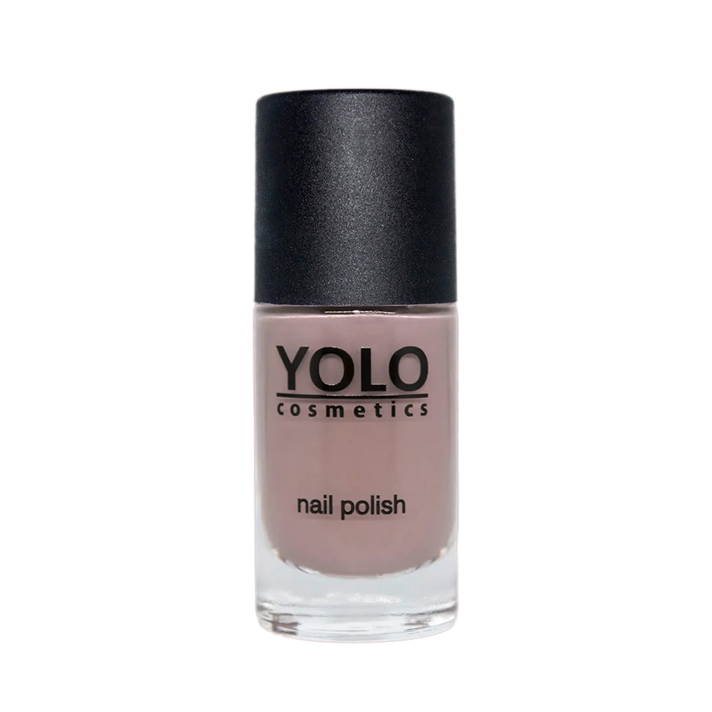 Refect Beauty Yolo creamy taupe nail polish in a glass bottle with a black cap for a smooth glossy finish.