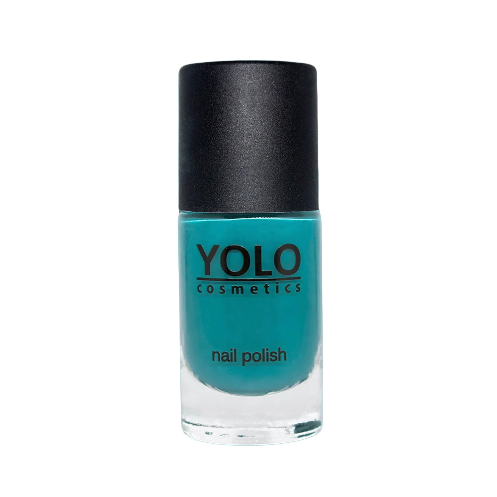 Refect Beauty Yolo Nail Polish in a vibrant teal creamy finish in a glass bottle with a black cap.