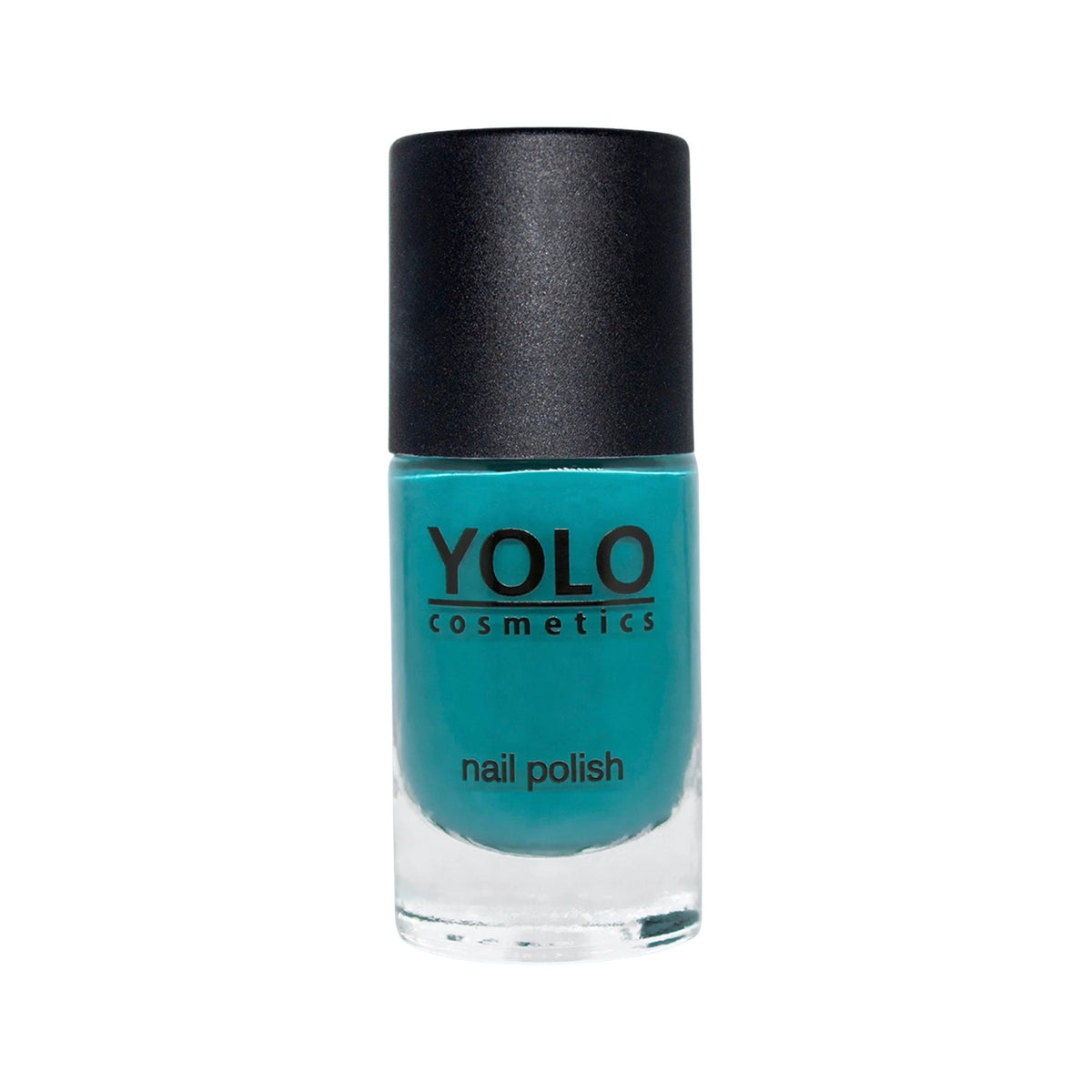 Refect Beauty Yolo Nail Polish in a vibrant creamy teal shade with a black cap in a clear glass bottle. 154