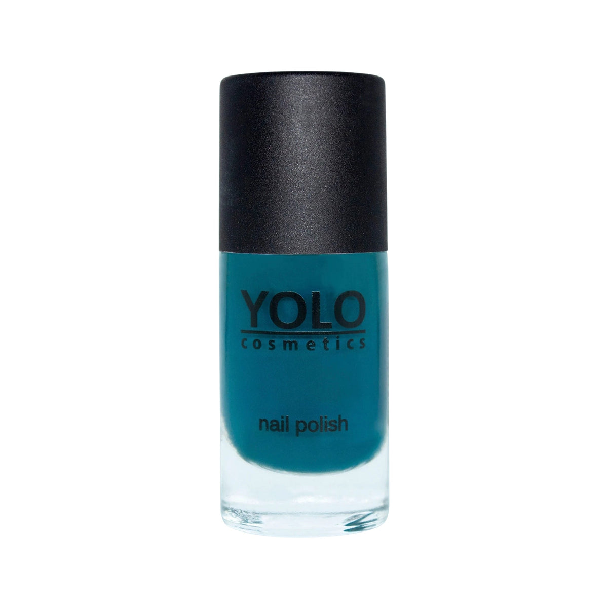 Refect Beauty Yolo creamy teal nail polish in a glass bottle with a black cap against a white background. 171