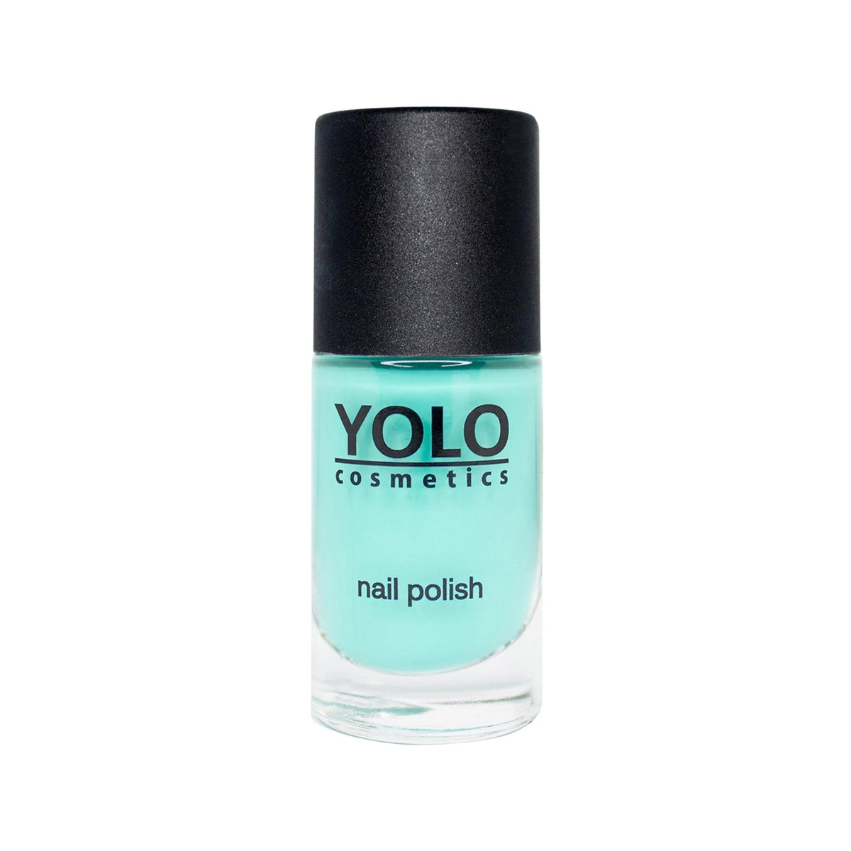 Refect Beauty Yolo Nail Polish in a vibrant creamy turquoise shade with a sleek black cap in a glass bottle. 153