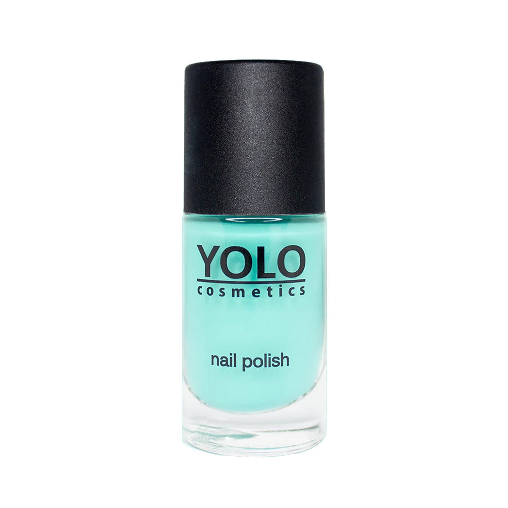 Refect Beauty Yolo Nail Polish in a vibrant creamy turquoise shade with a sleek black cap in a glass bottle.