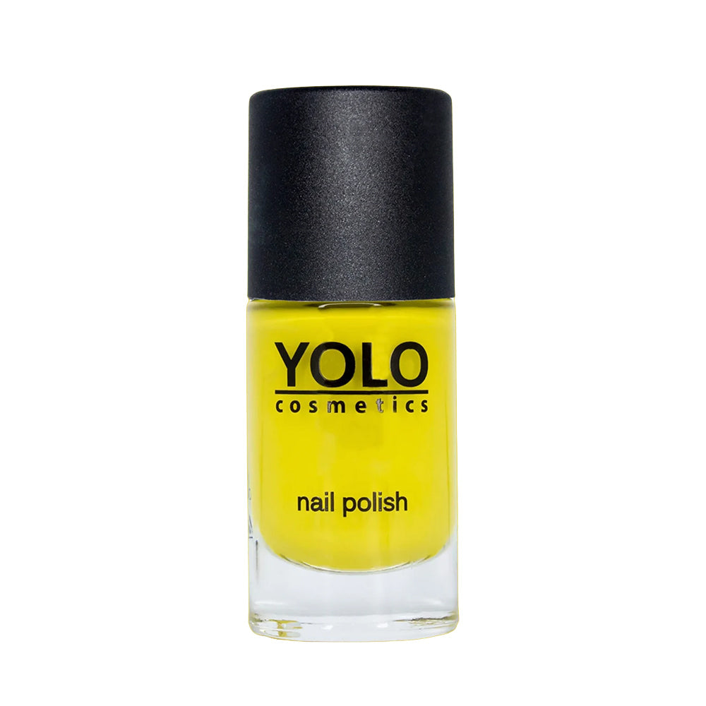 Refect Beauty Yolo Nail Polish in a vibrant yellow creamy shade with a sleek black cap in a glass bottle.