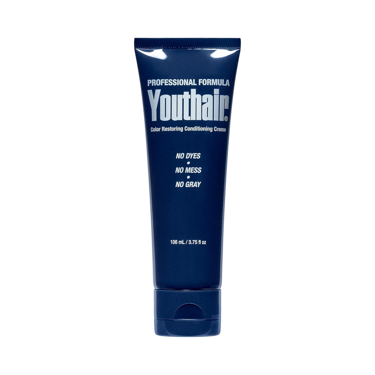 Refect Beauty Youthair color restoring conditioning creme in a dark blue squeeze tube for gray hair coverage.