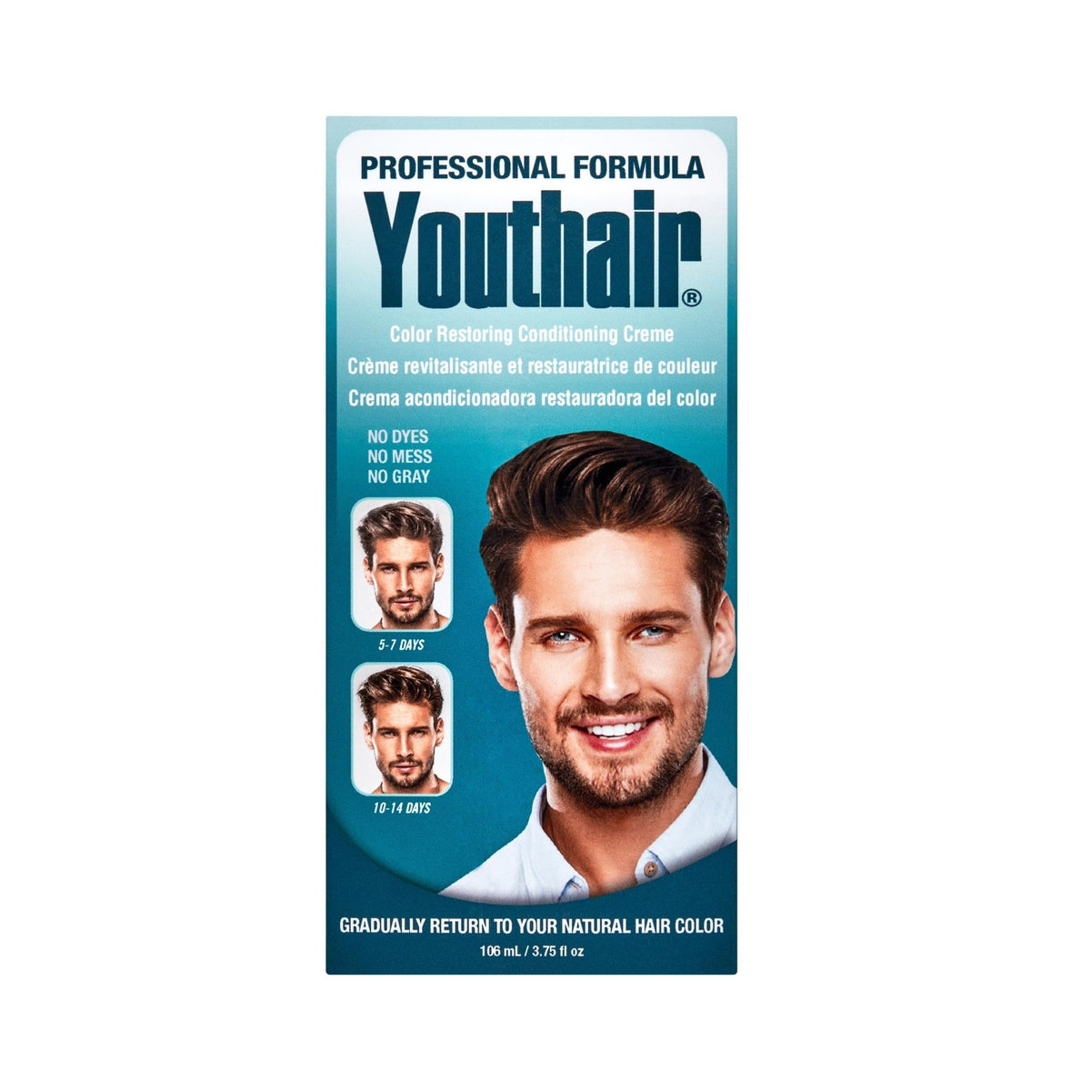Refect Beauty Youthair color restoring conditioning creme box showing gradual gray hair coverage results on a man