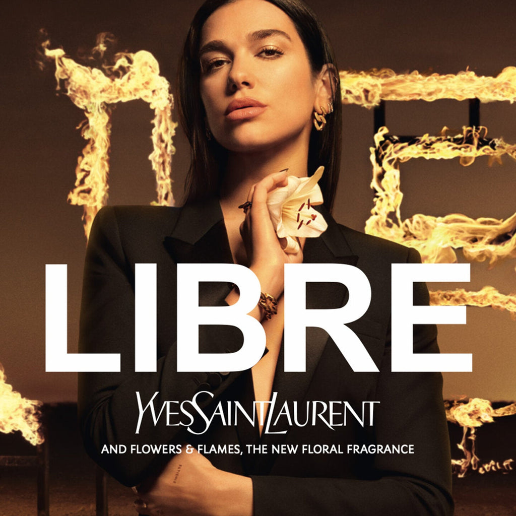 Refect Beauty campaign featuring Dua Lipa for Yves Saint Laurent Libre Flowers & Flames floral perfume