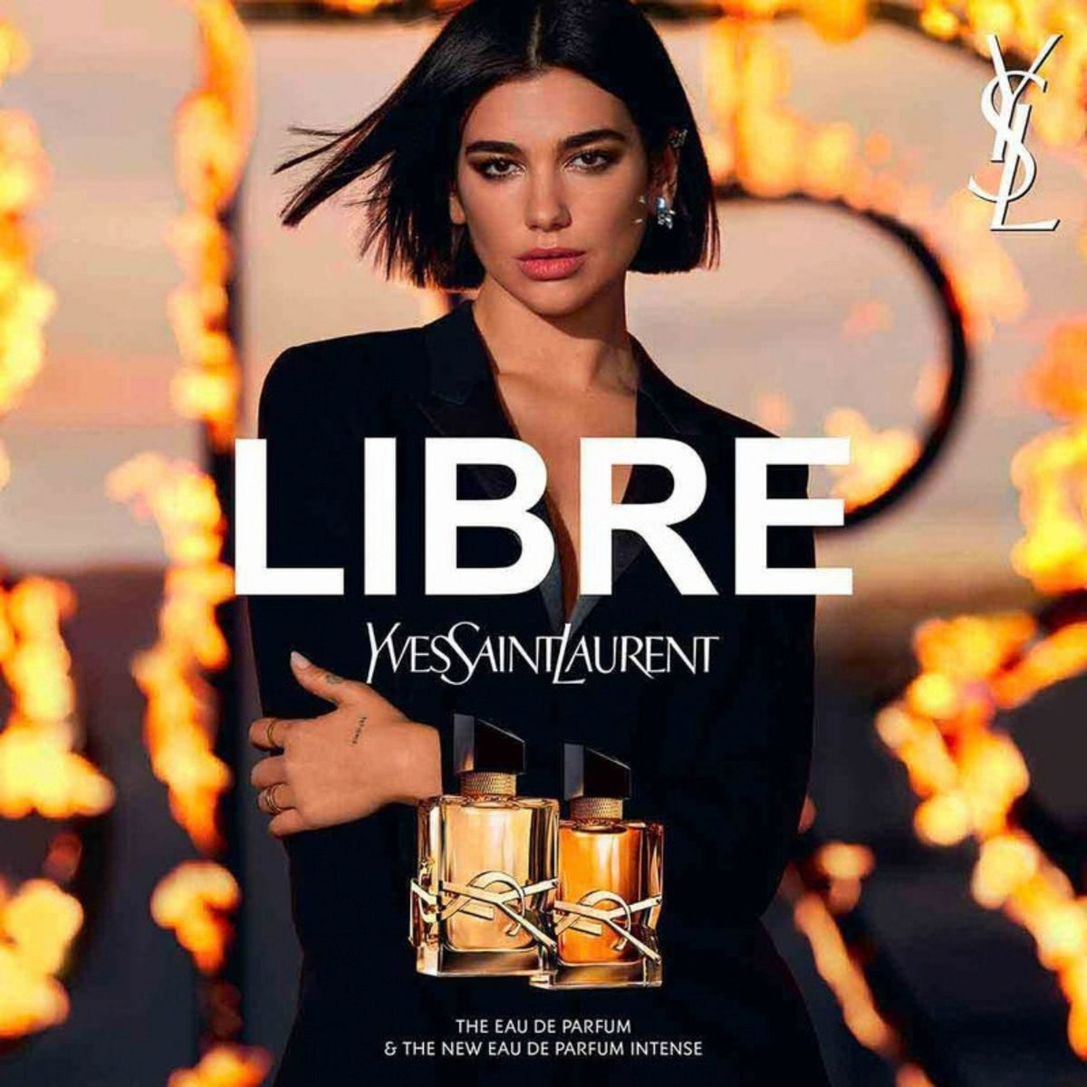 Refect Beauty campaign featuring Dua Lipa with Yves Saint Laurent Libre Eau de Parfum and Intense fragrance bottles