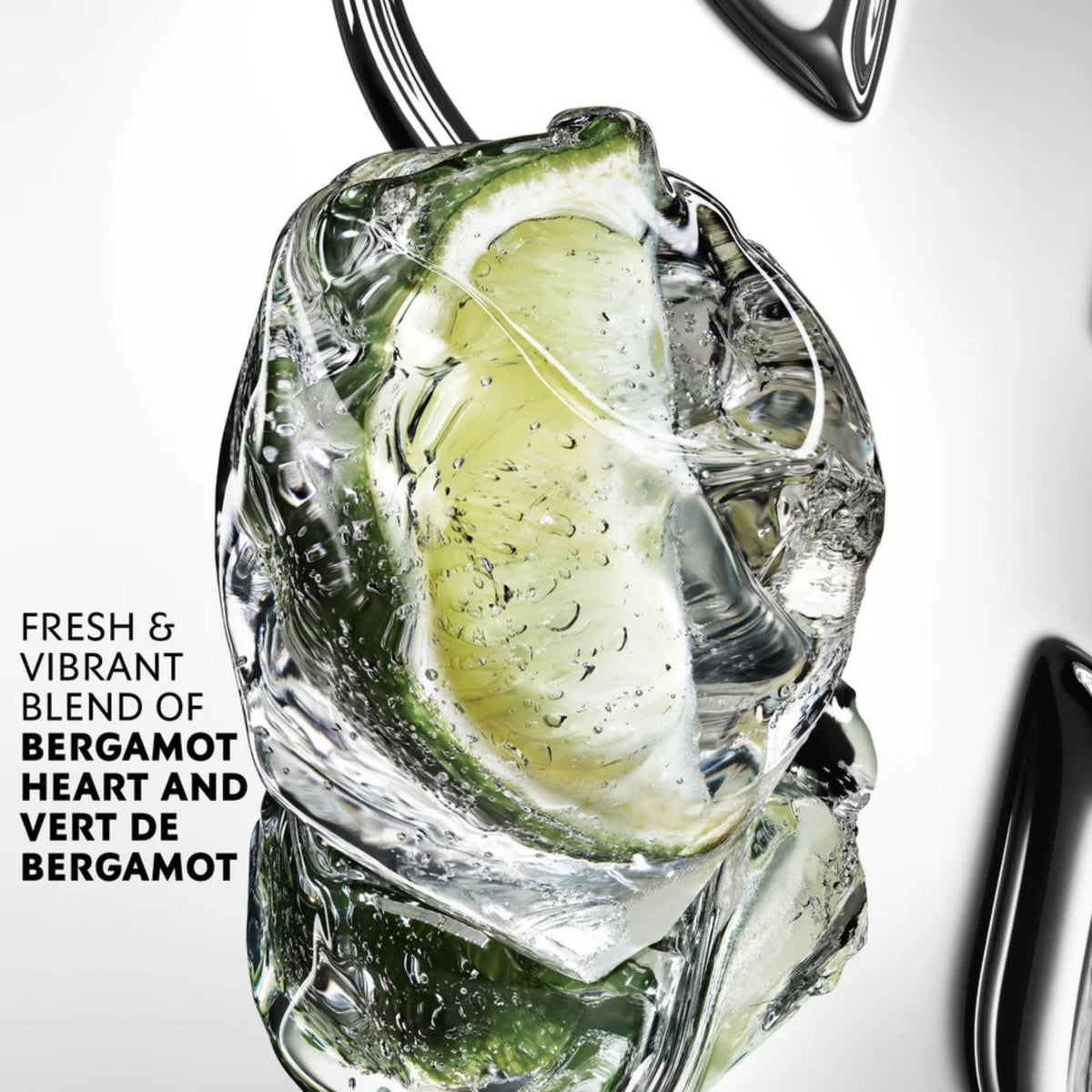 Refect Beauty Yves Saint Laurent MYSLF fragrance advertisement featuring a fresh bergamot slice encased in ice