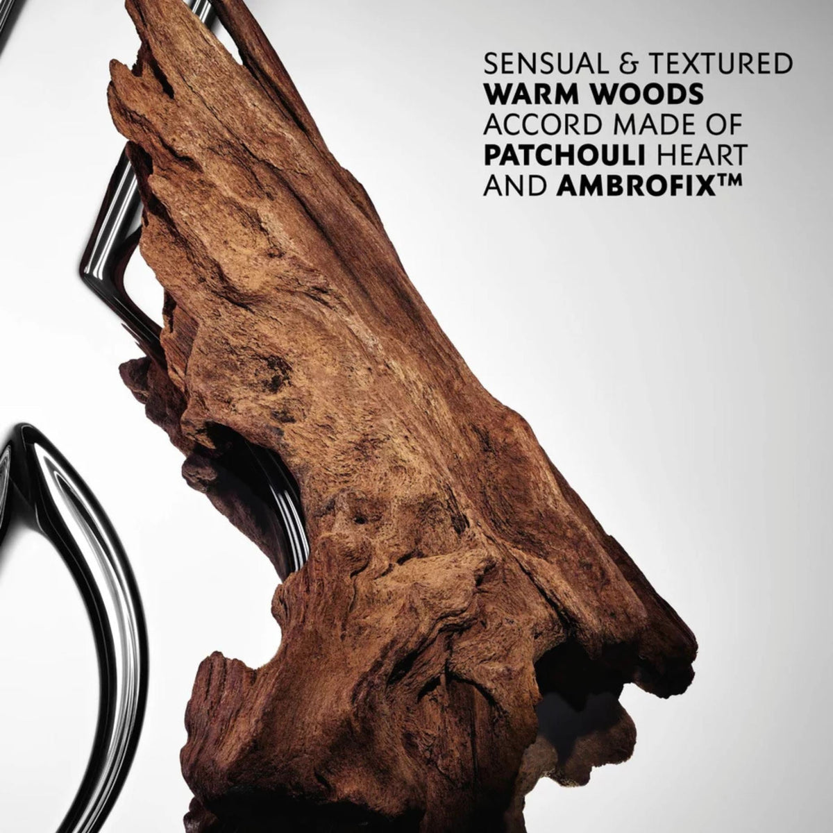 Refect Beauty Yves Saint Laurent MYSLF fragrance bottle partially obscured by a piece of textured driftwood