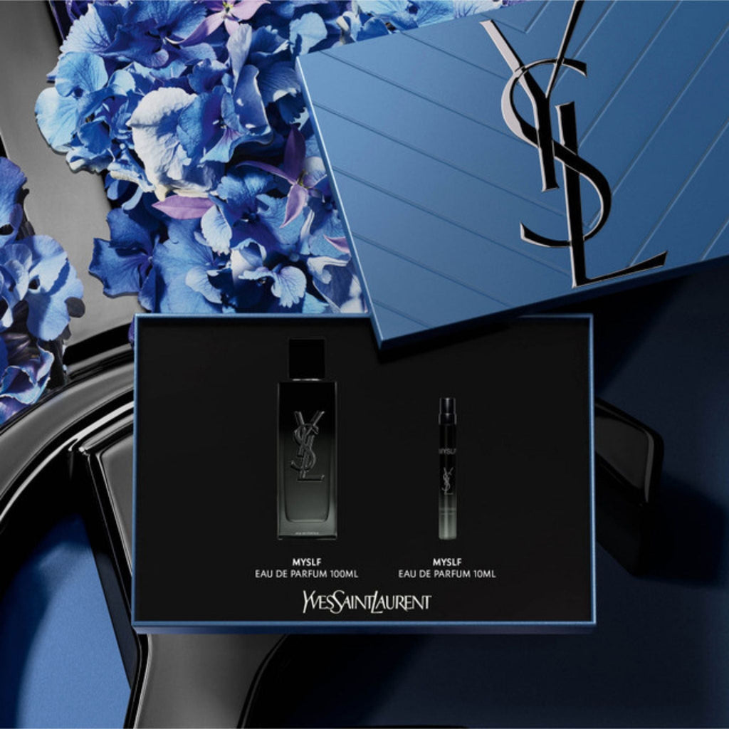 Refect Beauty Yves Saint Laurent MYSLF gift set featuring a 100ml eau de parfum and 10ml travel spray in blue box
