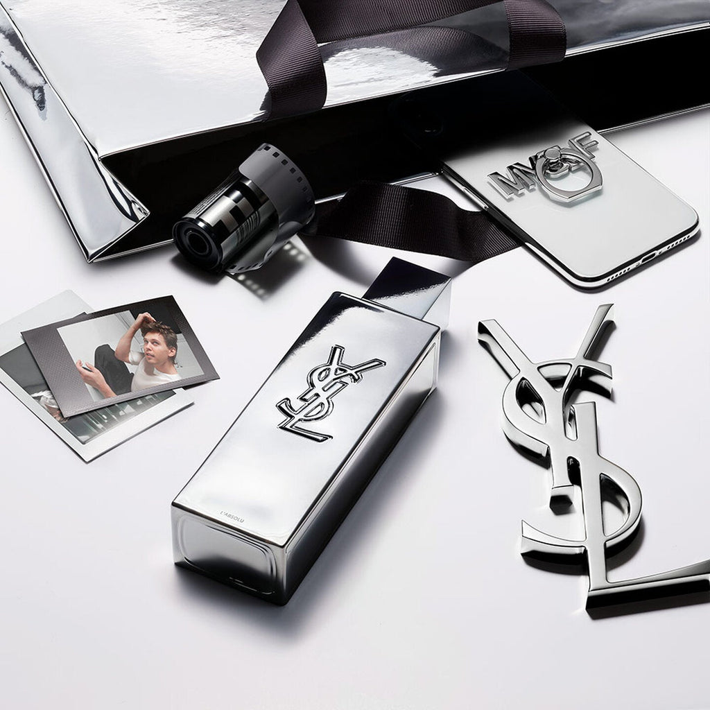 Refect Beauty Yves Saint Laurent MYSLF L'ABSOLU fragrance bottle with metallic mirror finish and YSL logo