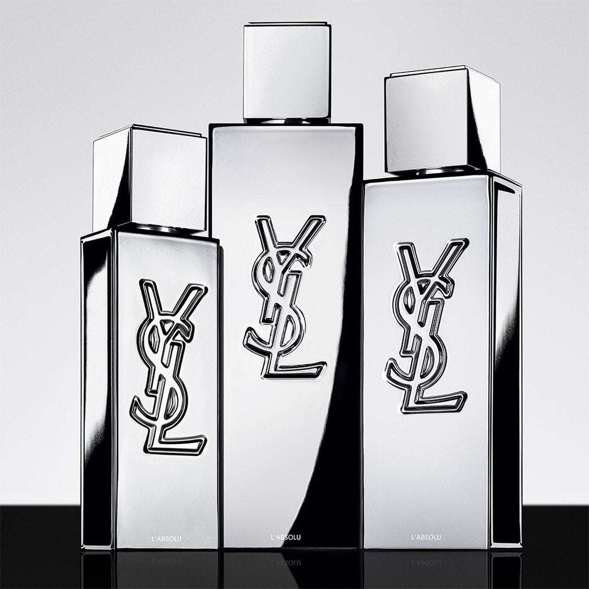 Refect Beauty Yves Saint Laurent MYSLF L'ABSOLU metallic mirror fragrance bottles with iconic YSL logo