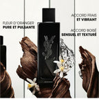 Refect Beauty Yves Saint Laurent Myslf Eau de Parfum bottle with orange blossoms and driftwood on a white background