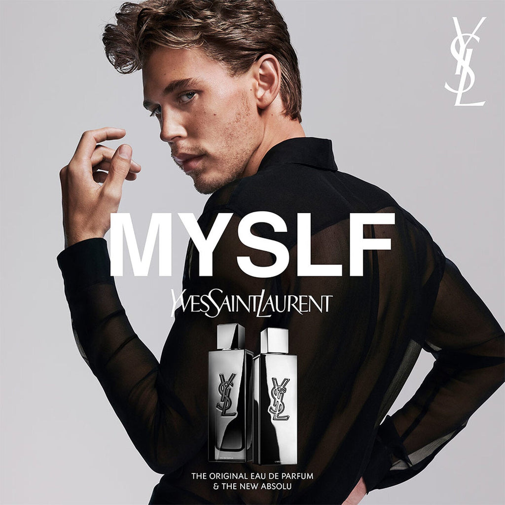 Refect Beauty campaign featuring Austin Butler with Yves Saint Laurent MYSLF L'ABSOLU metallic mirror perfume bottles