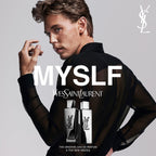 Refect Beauty campaign featuring Austin Butler with Yves Saint Laurent MYSLF L'ABSOLU metallic mirror perfume bottles
