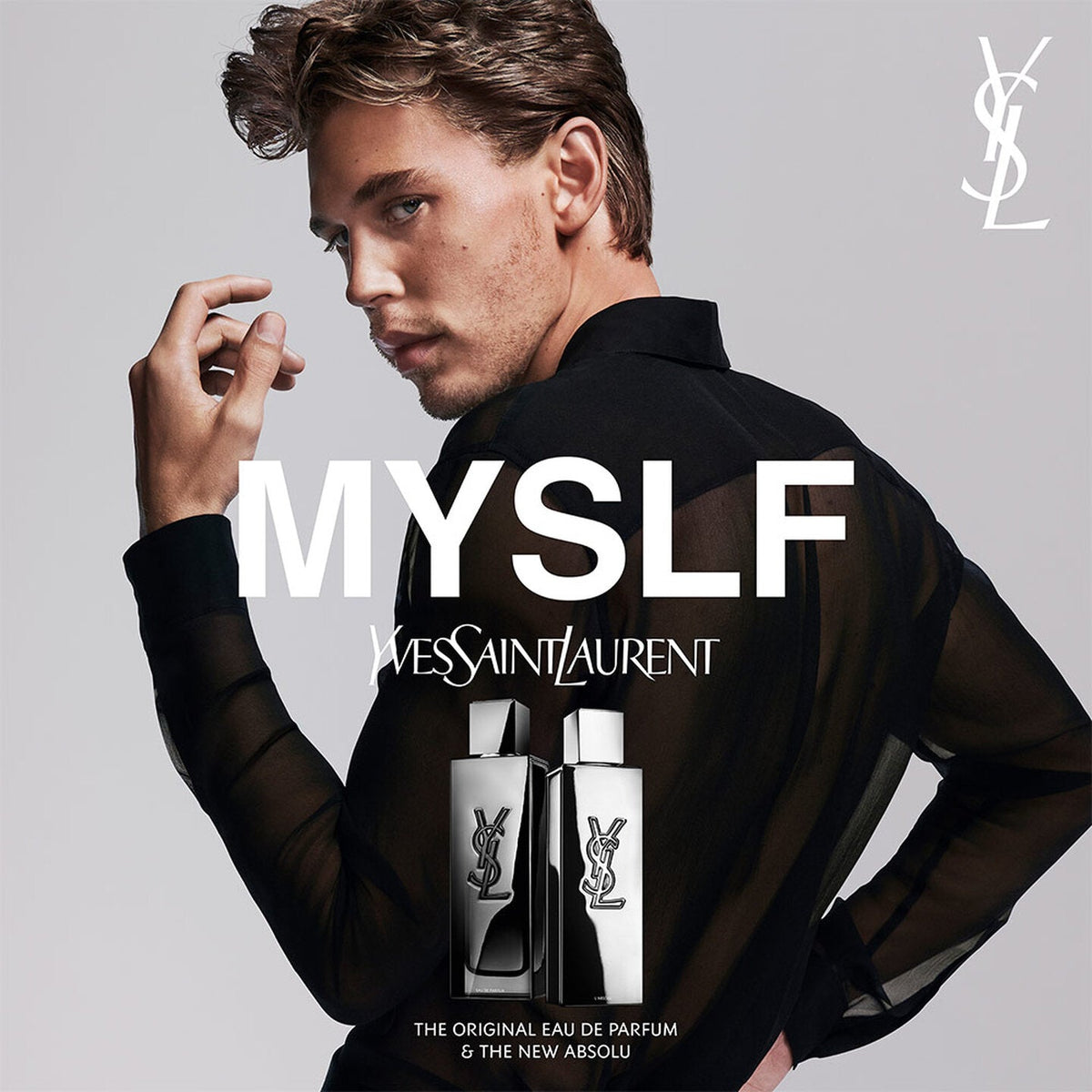 Refect Beauty campaign featuring Austin Butler with Yves Saint Laurent MYSLF L'ABSOLU metallic mirror perfume bottles