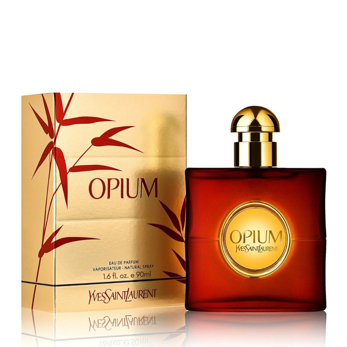 Refect Beauty Yves Saint Laurent Opium Eau de Parfum 90ml bottle and gold box with red bamboo design Main image