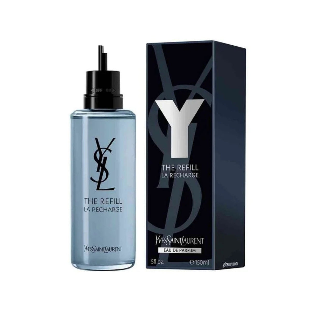 Refect Beauty Yves Saint Laurent Y Eau de Parfum 150ml refill bottle and its dark blue packaging box