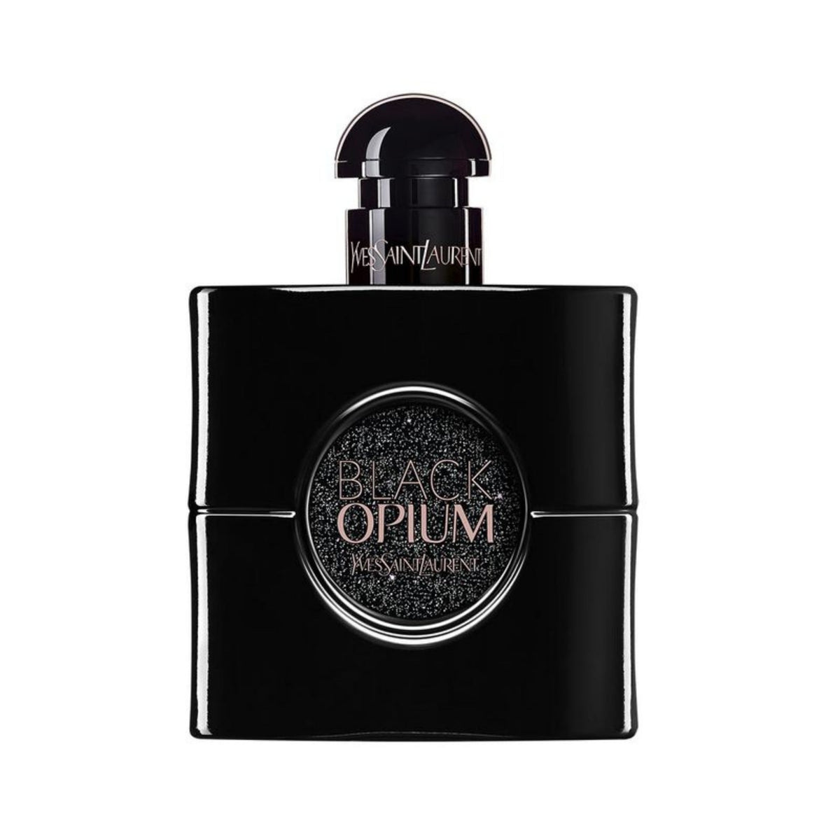 Refect Beauty Yves Saint Laurent Black Opium Le Parfum bottle with a glossy black finish and glittery center detail.