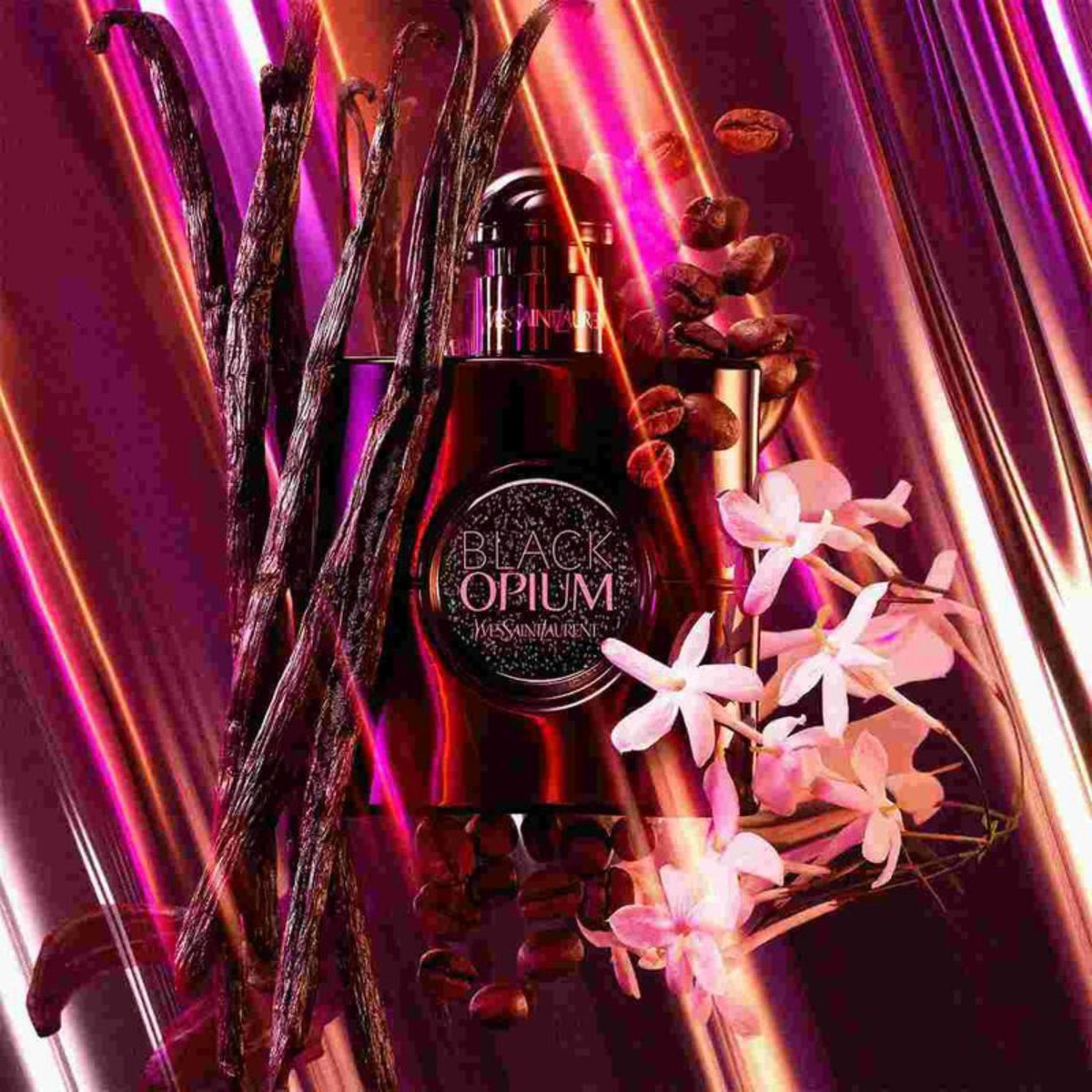 Refect Beauty Yves Saint Laurent Black Opium Le Parfum bottle surrounded by vanilla beans, coffee, and jasmine flowers