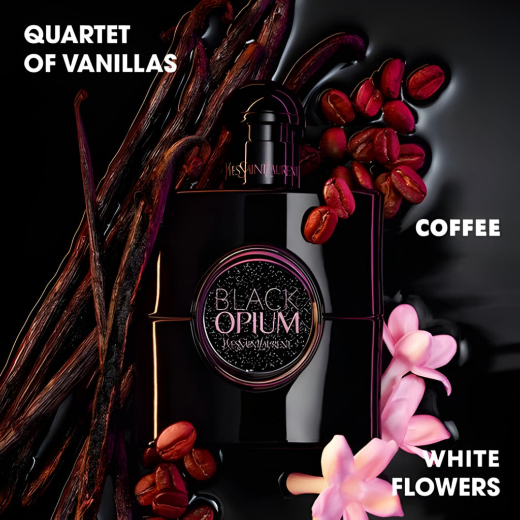 Refect Beauty Yves Saint Laurent Black Opium Le Parfum bottle surrounded by vanilla beans, coffee beans, and flowers.