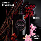 Refect Beauty Yves Saint Laurent Black Opium Le Parfum bottle surrounded by vanilla beans, coffee beans, and flowers.