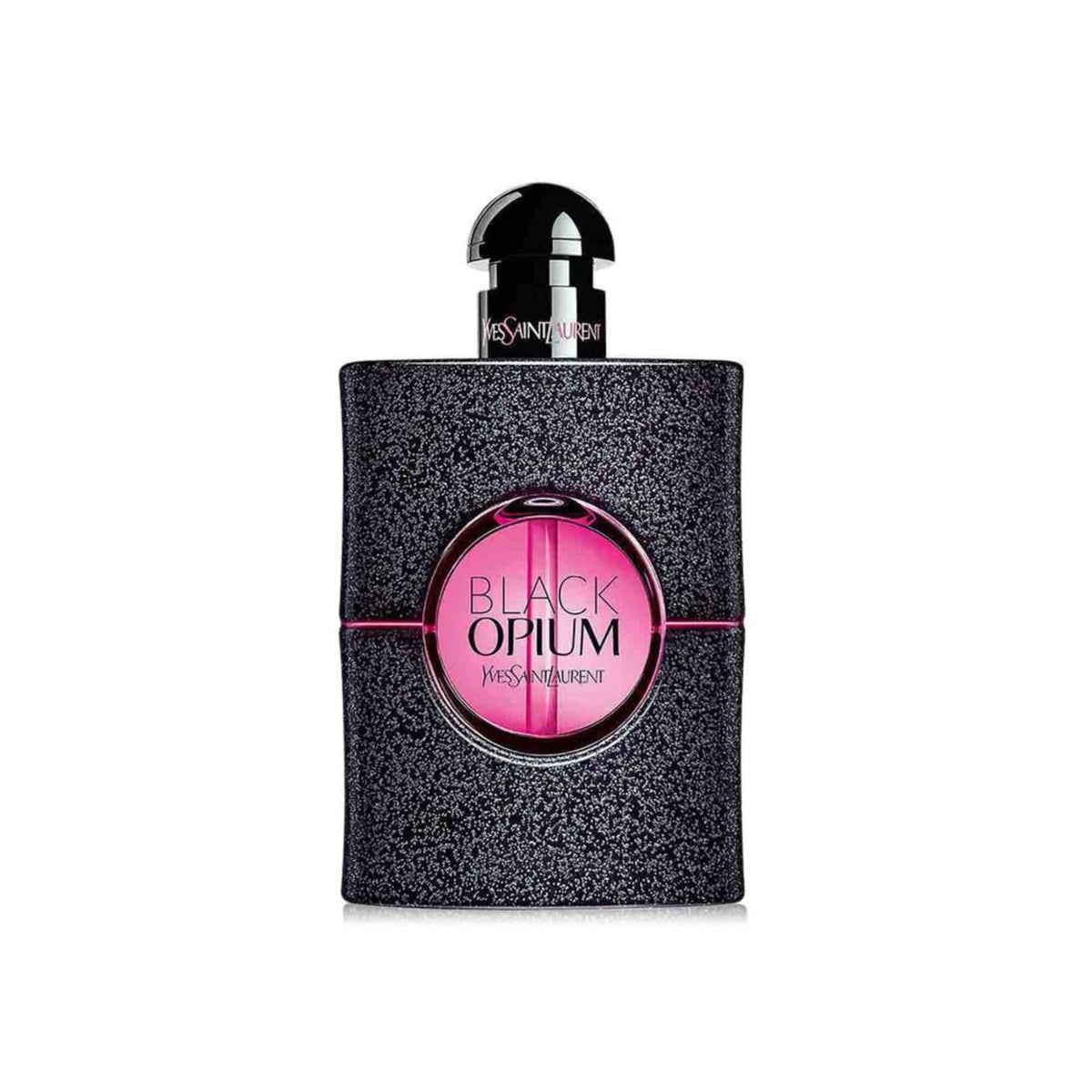 Refect Beauty Yves Saint Laurent Black Opium Neon perfume bottle with black glitter finish and glowing pink center Main image