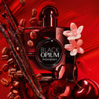 Refect Beauty Yves Saint Laurent Black Opium Over Red perfume bottle surrounded by coffee beans, vanilla, and cherries.