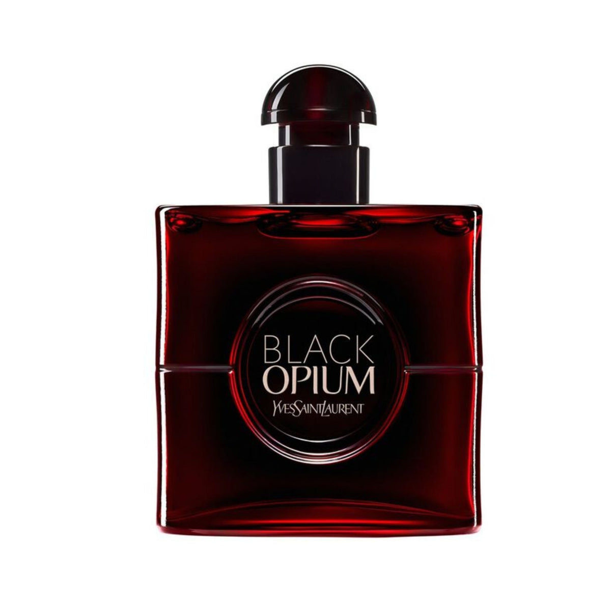 Refect Beauty Yves Saint Laurent Black Opium Over Red perfume bottle in a deep red glass with a circular center logo